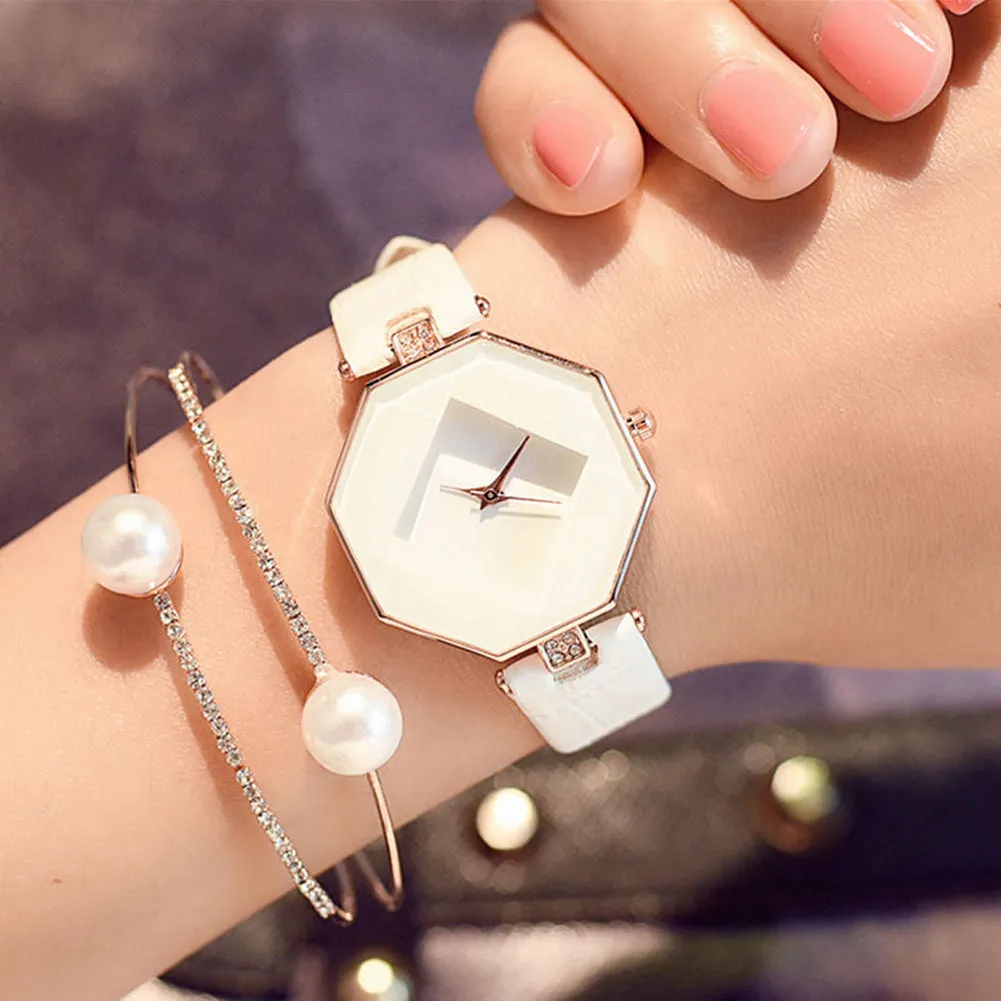 Women Fashion Faux Leather Band Analog Quartz Wrist Watch Rhombic Wristwatch