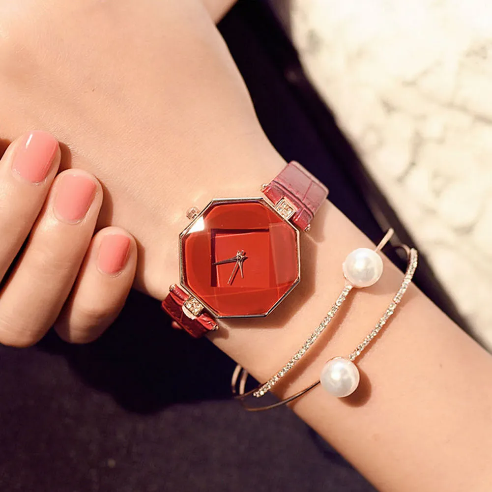 Women Fashion Faux Leather Band Analog Quartz Wrist Watch Rhombic Wristwatch