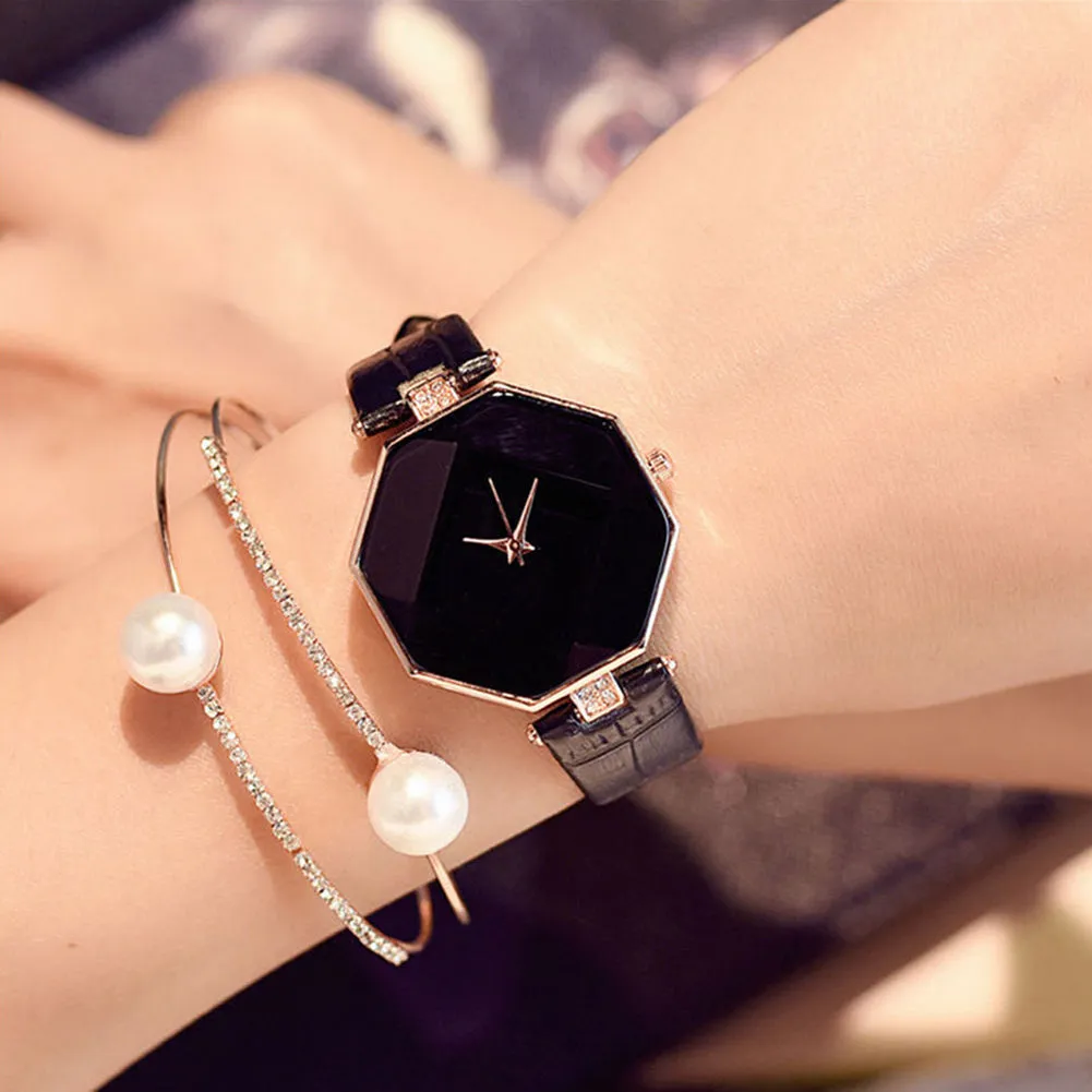Women Fashion Faux Leather Band Analog Quartz Wrist Watch Rhombic Wristwatch